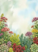 Watercolor botanical frame with colorful succulents and wildflowers on soft pastel background for greeting cards and wedding invitations.
