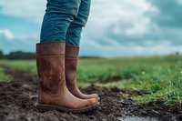 Brown leather boots and blue jeans standing on muddy ground against green rural landscape and cloudy sky, showcasing country lifestyle and outdoor fashion.