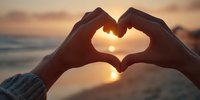 Hands forming heart shape silhouette against golden sunset over ocean waves. Romantic gesture symbolizing love, connection and peaceful moments by the sea.