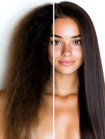 Young mixed race woman with split photo showing frizzy untamed hair versus smooth straight styled hair after treatment, demonstrating hair transformation results.