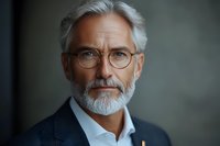 Confident mature businessman with gray beard and stylish glasses in white shirt against blurred background, professional corporate headshot portrait.