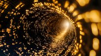 Glowing digital tunnel with golden light particles forming a circular vortex pattern against dark background, creating futuristic technology concept visualization.