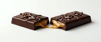 Two dark chocolate bars with caramel filling and sprinkles, one broken in half revealing golden caramel center, isolated on white background for food packaging and confectionery design use.