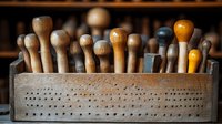 Vintage wooden tool handles arranged in rustic box with holes, showing aged patina and natural wood tones against dark background. Nostalgic workshop collection.