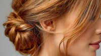 Elegant blonde woman with sophisticated twisted updo hairstyle showcasing golden highlights and textured braided elements for beauty and hair styling concepts.