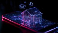 Glowing holographic houses emerging from smartphone screen with neon pink and blue light effects, digital real estate concept visualization on dark background.