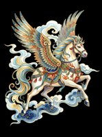 Ornate winged horse with colorful feathered wings and decorative armor, isolated on transparent background, ready for t-shirts, stickers, and print on demand.