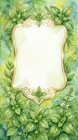 Ornate decorative frame with lush green foliage and botanical leaves in watercolor style, isolated on white background, ready for invitations, greeting cards, and design projects.