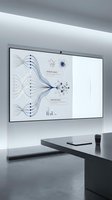 Modern digital display showing data visualization and network diagrams in minimalist office environment for business presentations and analytics.