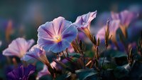 Delicate morning glory flowers in purple and pink hues bloom against dark background, creating dreamy garden atmosphere at dawn.