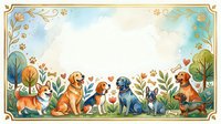 Adorable cartoon dogs of various breeds sitting in colorful spring garden with flowers and decorative golden frame border for children's design.