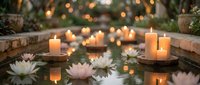 Peaceful spa setting with floating candles and lotus flowers in water basin surrounded by warm glowing lights creating serene meditation atmosphere.