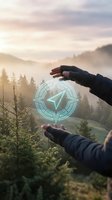 Hands protecting glowing compass symbol over misty mountain landscape at sunrise representing guidance navigation and environmental protection.