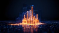 Glowing orange and blue wireframe bottles emerge from digital grid surface creating luminous cityscape effect with dramatic lighting and reflection.