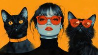 Stylish Asian woman with red sunglasses between two black cats wearing matching accessories against vibrant orange background. Fashion portrait with surreal pop art mood.