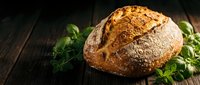 Freshly baked artisan sourdough bread loaf with golden crust on rustic wooden table surrounded by fresh green basil leaves for bakery and cooking concepts.