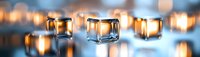 Glowing transparent ice cubes floating against blurred warm lights background, creating atmospheric contrast between cold and warm elements.