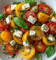 Fresh colorful tomato salad with red and yellow cherry tomatoes, feta cheese cubes, basil leaves, herbs and black pepper on white plate, close up view.