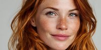 Young redhead woman with freckles and natural makeup smiling at camera. Portrait of caucasian female model with wavy ginger hair and blue eyes for beauty campaigns.