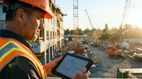 Construction worker using digital tablet on building site during golden hour sunset with cranes and equipment in background for project management.