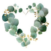 Eucalyptus leaves and gold berries arranged in heart shape on white background, elegant botanical wreath for wedding invitations and home decor.