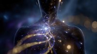 Mystical silhouette of person filled with glowing stars, cosmic energy and galaxy elements against dark background, spiritual transformation concept.