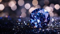 Brilliant blue diamond on dark surface with sparkling bokeh lights and glitter background creates luxurious jewelry atmosphere. Perfect for luxury advertising.