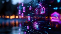 Futuristic real estate concept with glowing pink house icons and digital elements on dark background with bokeh lights and data streams for property technology.