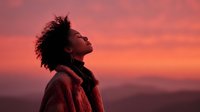Young African American woman with curly hair looking up at vibrant pink sunset sky, wearing cozy sweater, peaceful moment of reflection and hope.