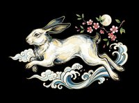Cream-colored rabbit leaping through decorative clouds and floral elements in an Asian-inspired artistic style. Isolated on transparent background, ready for t-shirts, stickers, clipart, sublimation, and print-on-demand designs.
