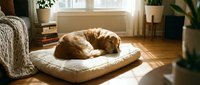 Golden retriever sleeping curled up on a cozy pet bed in a sunny living room with warm light, hardwood floors, and houseplants.