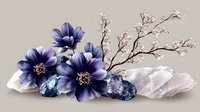 Purple anemone flowers with pink and blue crystals, delicate cherry blossom branch arrangement on white background, decorative floral composition.