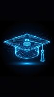 Glowing neon graduation cap with book symbol and network connections on dark background, representing digital education, online learning, and academic achievement for educational technology concepts.