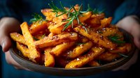 Golden crispy sweet potato fries with fresh rosemary herbs served on rustic wooden plate, healthy comfort food for restaurant menus and cooking blogs.