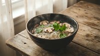 Homemade mushroom soup with fresh herbs in black bowl on rustic wooden table. Comfort food for cozy dining and healthy meal preparation.