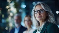 Confident mature businesswoman with glasses and blonde hair in green blazer leading corporate team, bokeh light background creates professional atmosphere.