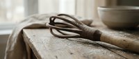 Rustic vintage hand whisk resting on a weathered wooden table with linen cloth and ceramic bowl in soft natural light.