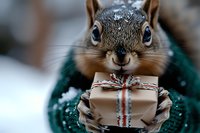 Adorable squirrel wearing festive green sweater holding wrapped gift box with ribbon, winter holiday season greeting card concept for Christmas celebrations.
