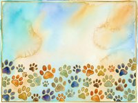 Watercolor illustration of colorful animal paw prints in orange, brown, green, and blue tones arranged across bottom border with soft sky background, suitable for pet-related designs and greeting cards.