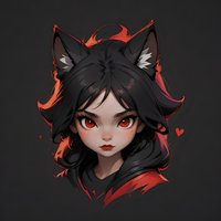 Anime style portrait of young girl with black wolf ears, red glowing eyes and dark flowing hair against dark background, fantasy character design.