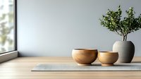 Minimalist wooden bowls and ceramic vase with green plant on natural wood table near window. Modern home decor styling for kitchen and dining spaces.