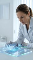 Female doctor using futuristic holographic medical technology interface in modern healthcare facility for digital diagnosis and treatment planning.