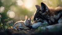 Tender moment between wolf and baby rabbit in magical forest setting with bokeh light effects and soft natural lighting, showing unusual animal friendship.
