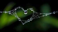 Morning dew drops form heart shape on delicate spider web against blurred green natural background, capturing magical moment in nature.