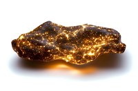Glowing amber crystal with luminous golden light patterns resembling city lights at night, floating on dark background with soft reflection beneath.