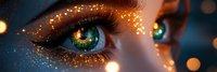 Mesmerizing green eyes with golden glitter makeup and sparkles in dramatic close-up view against dark background with bokeh light effects.