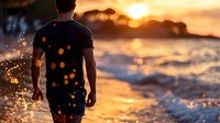 Man in dark shirt walking into ocean waves at golden sunset, water splashing around him, rear view, coastal beach scene for travel and lifestyle content.