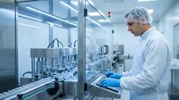 Male scientist in protective clothing operating pharmaceutical manufacturing equipment in sterile laboratory environment for drug production.