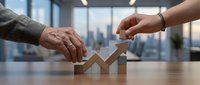 Two diverse professionals collaborating on wooden house blocks with upward arrow, symbolizing real estate growth, investment success, and partnership in modern office with city skyline.