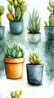 Watercolor succulents and cacti in ceramic pots against soft green background. Decorative botanical arrangement features prickly pear, aloe vera and echeveria plants.